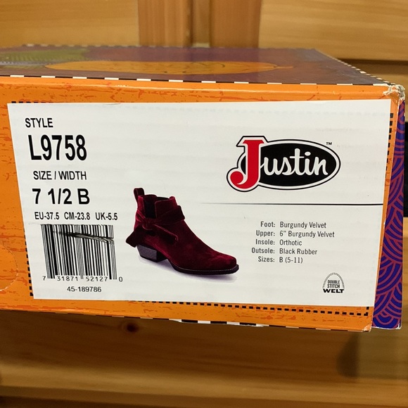 Justin 6” Burgundy Velvet Bow Boots - Picture 6 of 7